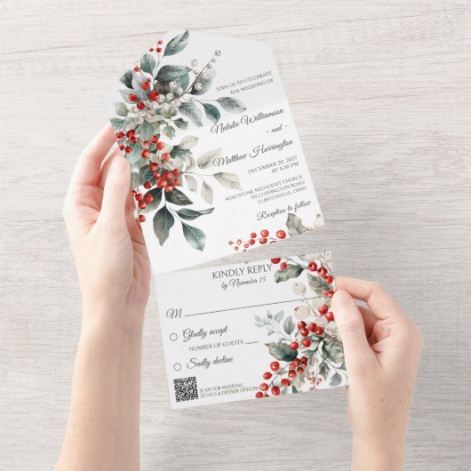 Invitation Tout En Un Berry Holly d'hiver avec code QR (Déchirure)