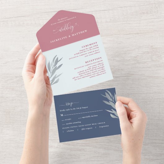 Invitation Tout En Un Berry moderne et Mariage bleu avec RSVP perforé (Déchirure)