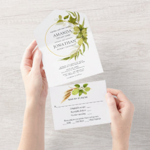Invitation Tout En Un Bière Willow Greenery Gold Mariage géométrique
