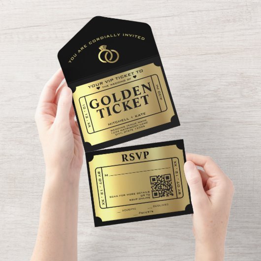 Invitation Tout En Un Billet d'or Noir & Or Code QR Mariage (Déchirure)