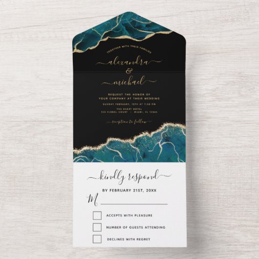 Invitation Tout En Un Black Agate Aqua Turquoise Blue Gold Mariage (À l'intérieur)