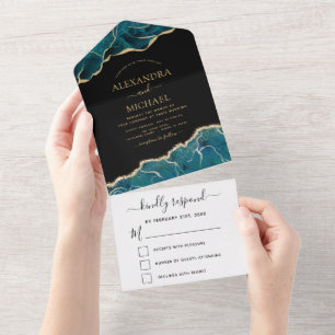 Invitation Tout En Un Black Agate Aqua Turquoise Blue Gold Wedding RSVP