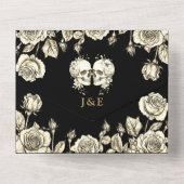 Invitation Tout En Un Black And Gold Floral Skulls QR Code Goth Wedding (Verso)