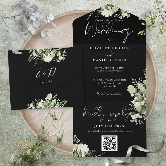 Invitation Tout En Un Black And White Greenery QR Code Monogram Wedding