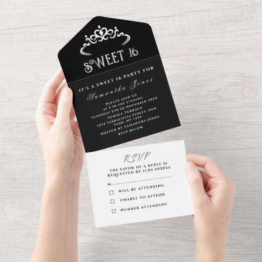 Invitation Tout En Un Black and White Sweet 16 Tiara Seteen Modern All (Déchirure)