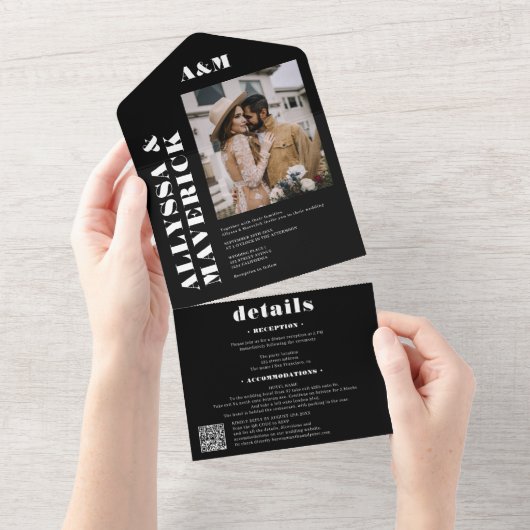 Invitation Tout En Un Black chic Bold simple monogramme mariage photo (Déchirure)