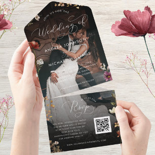 Invitation Tout En Un Black Fall Fleur sauvage QR Code Photo Dark Mariag