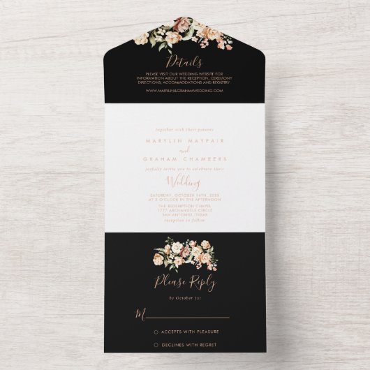 Invitation Tout En Un Black Forme Royal Floral Mariage (À l'intérieur)