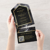 Invitation Tout En Un Black Gold Abstrait Fluid Ink QR Code Mariage (Déchirure)