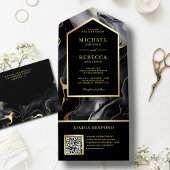 Invitation Tout En Un Black Gold Abstrait Fluid Ink QR Code Mariage