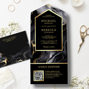 Invitation Tout En Un Black Gold Abstrait Fluid Ink QR Code Mariage
