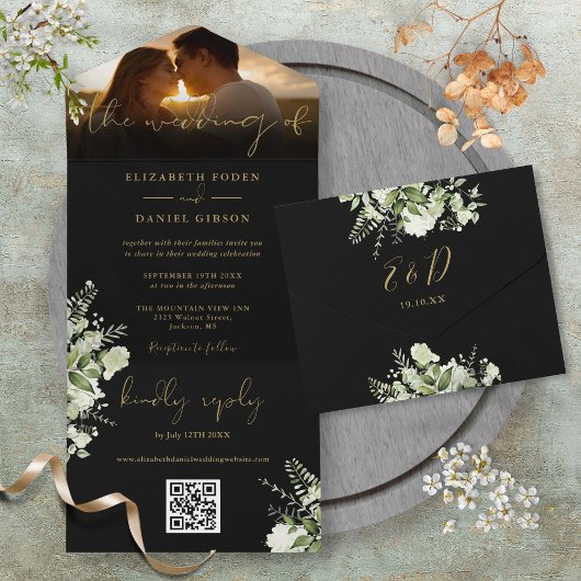 Invitation Tout En Un Black Gold Floral Greenery QR Code Mariage Photo