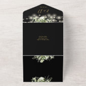 Invitation Tout En Un Black Gold Floral String Lights QR Code Mariage (Dehors)