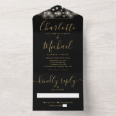 Invitation Tout En Un Black Gold String Lights Mariage de script moderne (À l'intérieur)