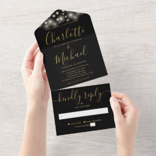 Invitation Tout En Un Black Gold String Lights Mariage de script moderne