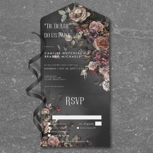 Invitation Tout En Un Black Moody Gothic Flowers & Dîner Mist