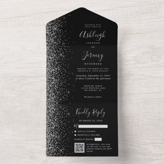 Invitation Tout En Un Black Silver Glitter QR Code Wedding (À l'intérieur)