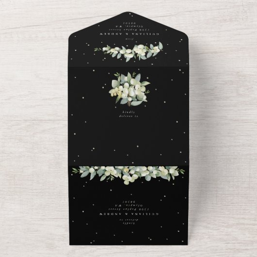 Invitation Tout En Un Black Snowberry+Eucalyptus Mariage d'hiver (Dehors)