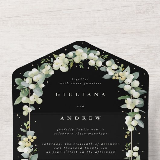 Invitation Tout En Un Black Snowberry+Eucalyptus Mariage d'hiver (À l'intérieur du haut)