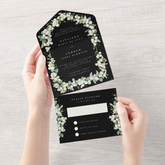 Invitation Tout En Un Black Snowberry+Eucalyptus Réception de mariage un (Déchirure)