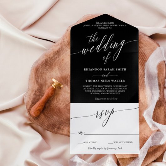 Invitation Tout En Un Black White Delicate Calligraphy Wedding