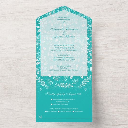 Invitation Tout En Un Blanc Botaniques Turquoise Aucun Mariage Enveloppe (À l'intérieur)