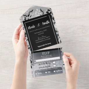 Invitation Tout En Un Blanc Noir Gris Moderne Minimaliste Floral Mariage