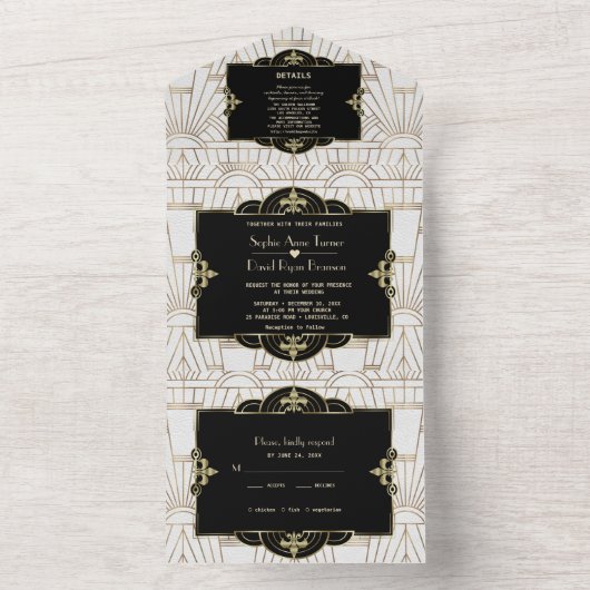 Invitation Tout En Un Blanc Noir rugissant 20s Gatsby Art Déco Mariage (À l'intérieur)