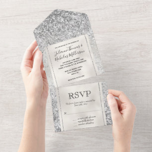 Invitation Tout En Un Blanc Perle Luxe Paillettes Argentées