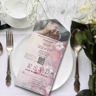Invitation Tout En Un Blanc rose Sakura Cherry Blossom QR Code Photo