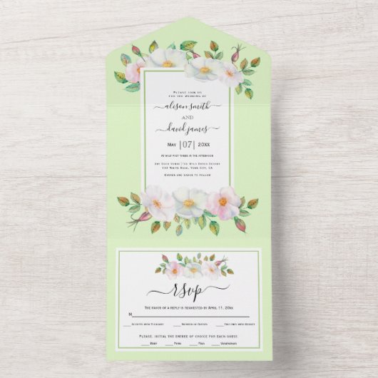 Invitation Tout En Un Blanc, rose vif rose vert mariage (À l'intérieur)