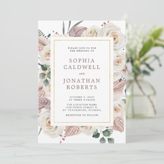 Invitation Tout en un blanc Roses Mariage de fleurs tropicale (Debout devant)