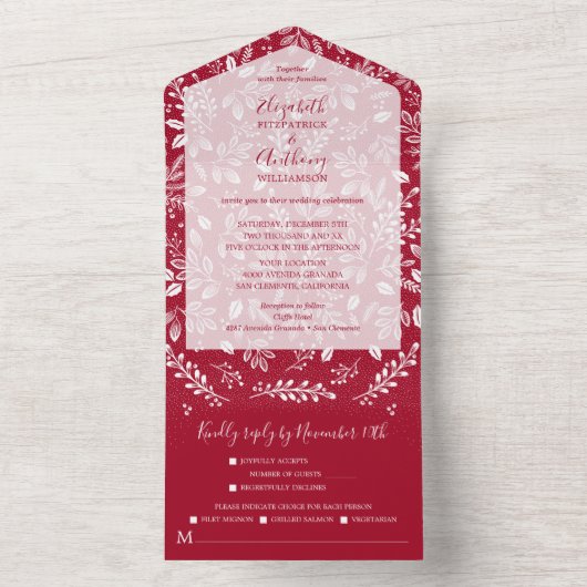 Invitation Tout En Un Blancs Botaniques Cranberry No Enveloppes Mariage (À l'intérieur)