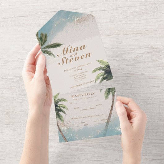 Invitation Tout En Un Bleu aquarelle tropicale plage or mariage (Déchirure)