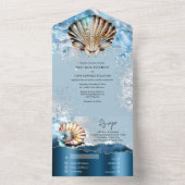 Invitation Tout En Un Bleu blanc coquillages océan vagues irisées plage (À l'intérieur)