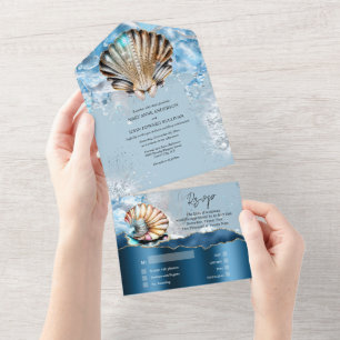 Invitation Tout En Un Bleu blanc coquillages océan vagues irisées plage