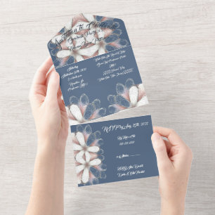 Invitation Tout En Un Bleu Blanc Élégant Script Photo Fleurs Graduation