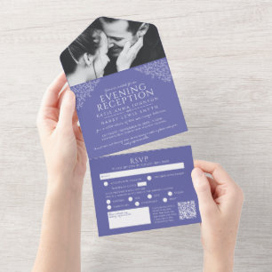 Invitation Tout En Un Bleu blanc feuille photo soirée réception RSVP QR