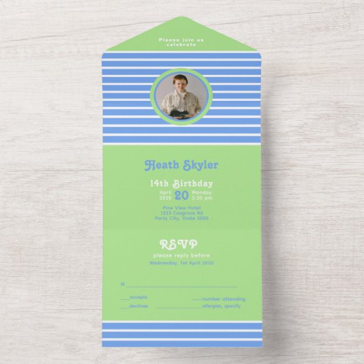 Invitation Tout En Un Bleu ⎮ blanc vert (À l'intérieur)