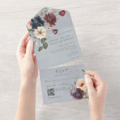 Invitation Tout En Un Bleu Bourgogne et crème Rustique Floral Bleu QR Co (Déchirure)