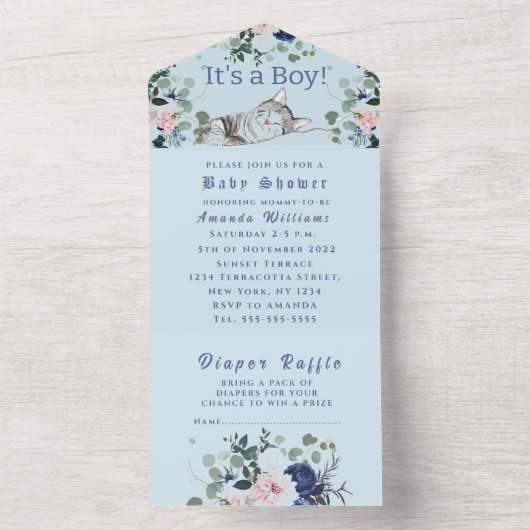 Invitation Tout En Un Bleu Chaton Bleu C'est un Baby shower garçon (À l'intérieur)