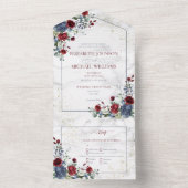 Invitation Tout En Un Bleu clair Bourgogne Mariage Floral Or (À l'intérieur)