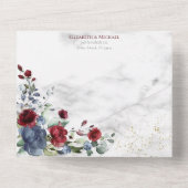 Invitation Tout En Un Bleu clair Bourgogne Mariage Floral Or (Verso)