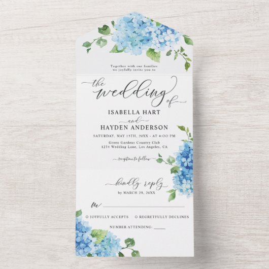 Invitation Tout En Un Bleu clair Floral Botanique Hydrangea Boho Mariage (À l'intérieur)