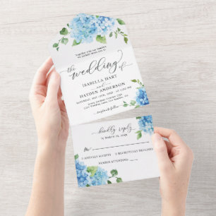 Invitation Tout En Un Bleu clair Floral Botanique Hydrangea Boho Mariage