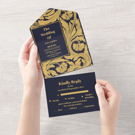 Invitation Tout En Un Bleu classique Art nouveau Mariage (Déchirure)