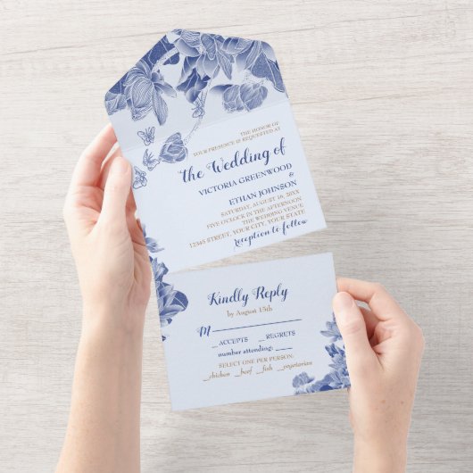 Invitation Tout En Un Bleu classique Lotus Floral Élégant Chinoiserie Ch (Déchirure)