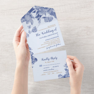 Invitation Tout En Un Bleu classique Lotus Floral Élégant Chinoiserie Ch
