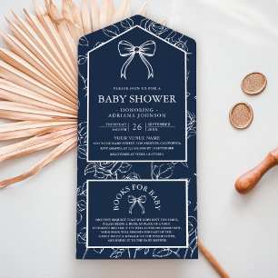 Invitation Tout En Un Bleu de Marine Dessin au Trait Coquette Arc Baby S