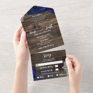 Invitation Tout En Un Bleu de Nuit Fleurs Roses Bois Rustique Dentelle M